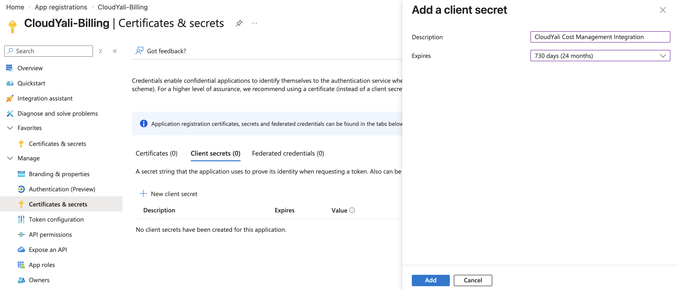 Certificates &amp; secrets page — Add a client secret dialog with description and expiration fields