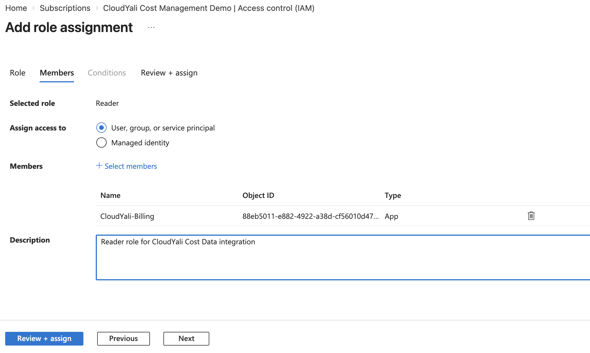 Add role assignment — Members tab showing Reader role assigned to CloudYali-Billing service principal
