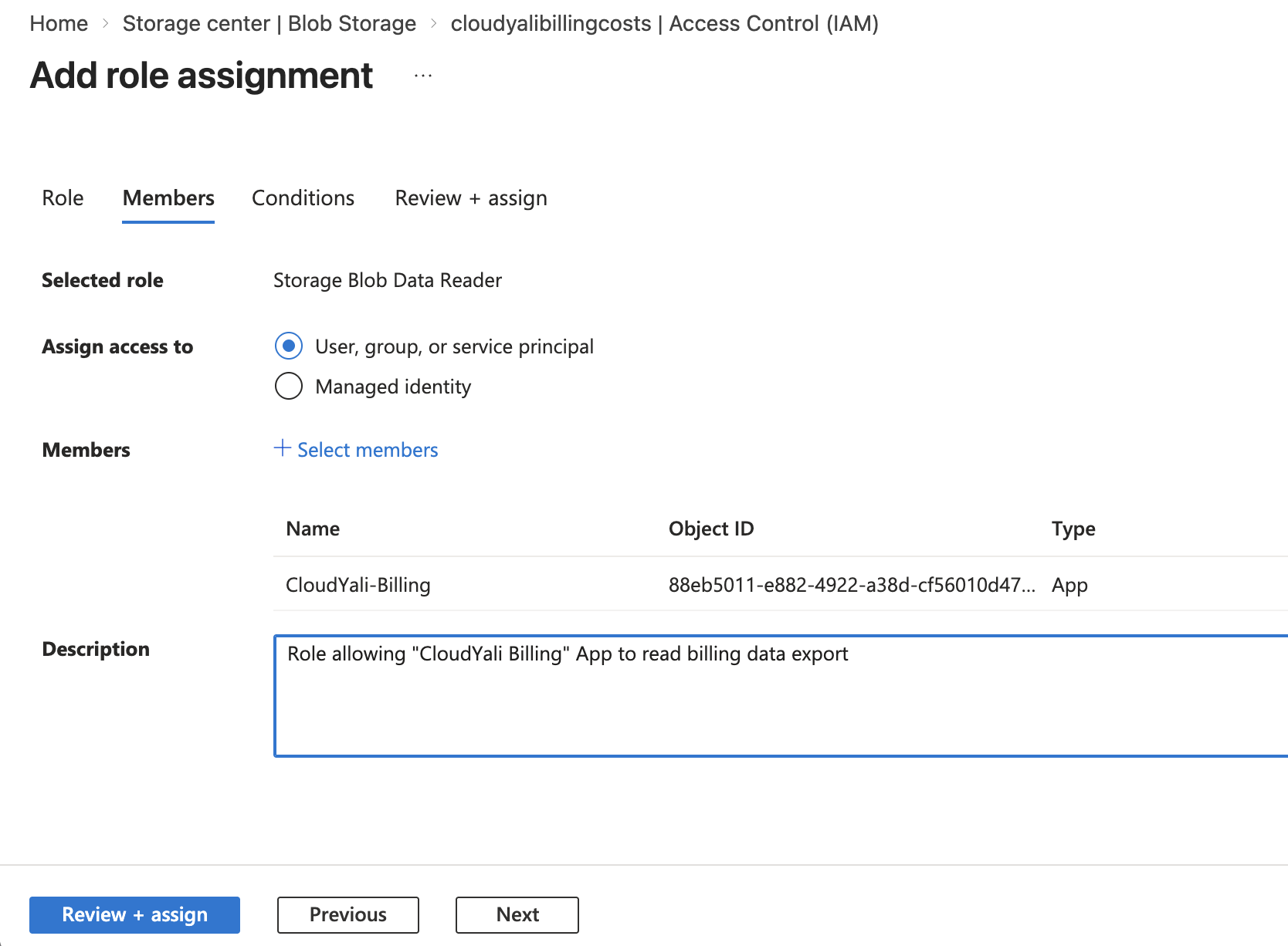 Add role assignment — Members tab showing Storage Blob Data Reader assigned to CloudYali-Billing