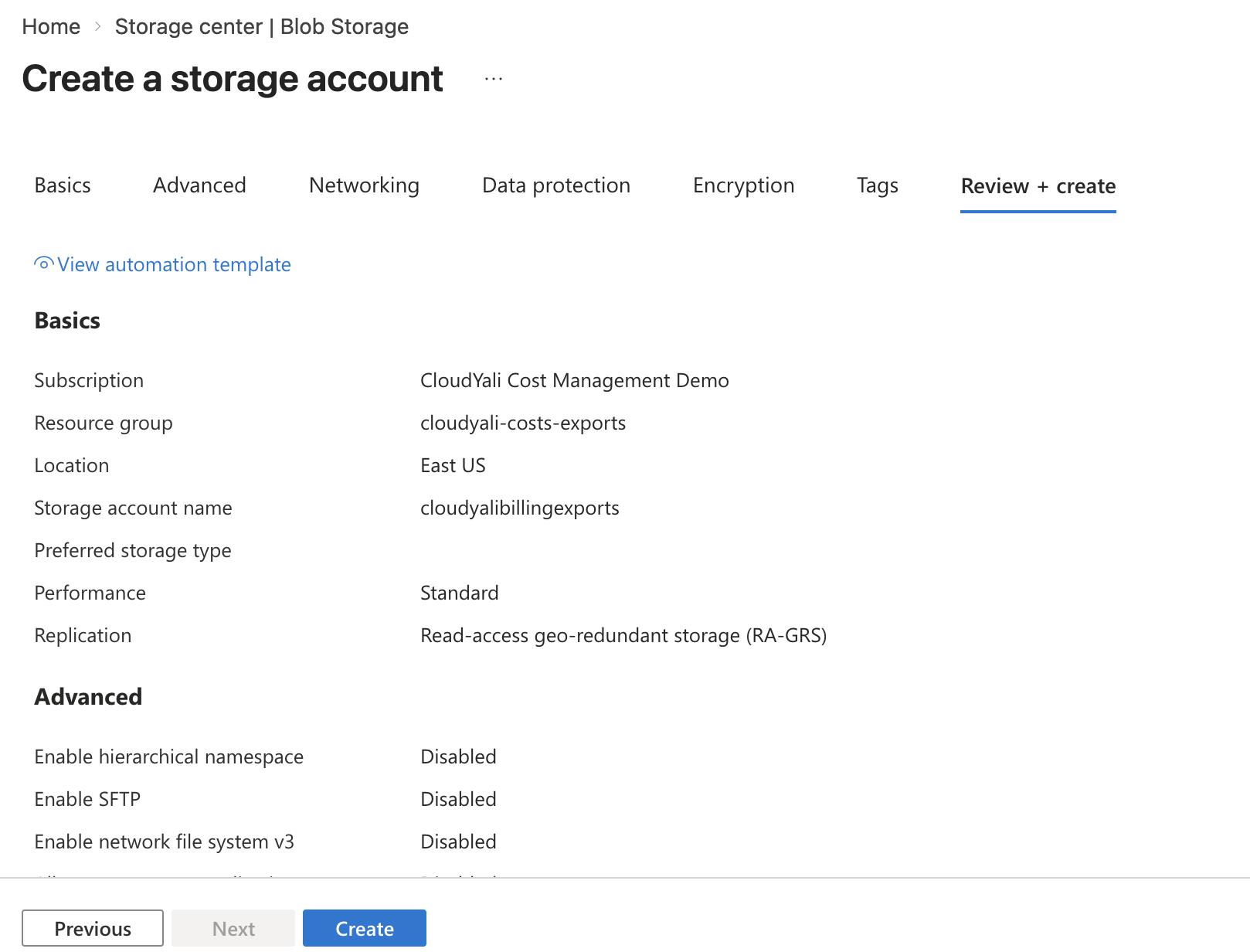 Storage account Containers list showing the cloudyali-cost-exports container with Private access