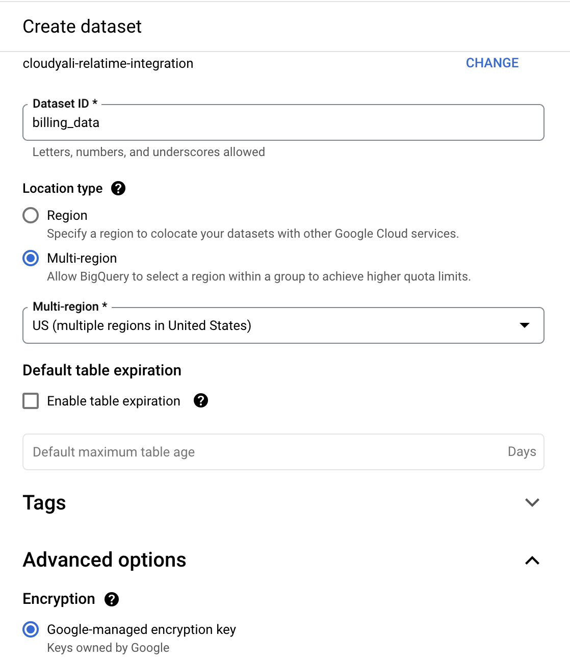 Configure Bigquery dataset