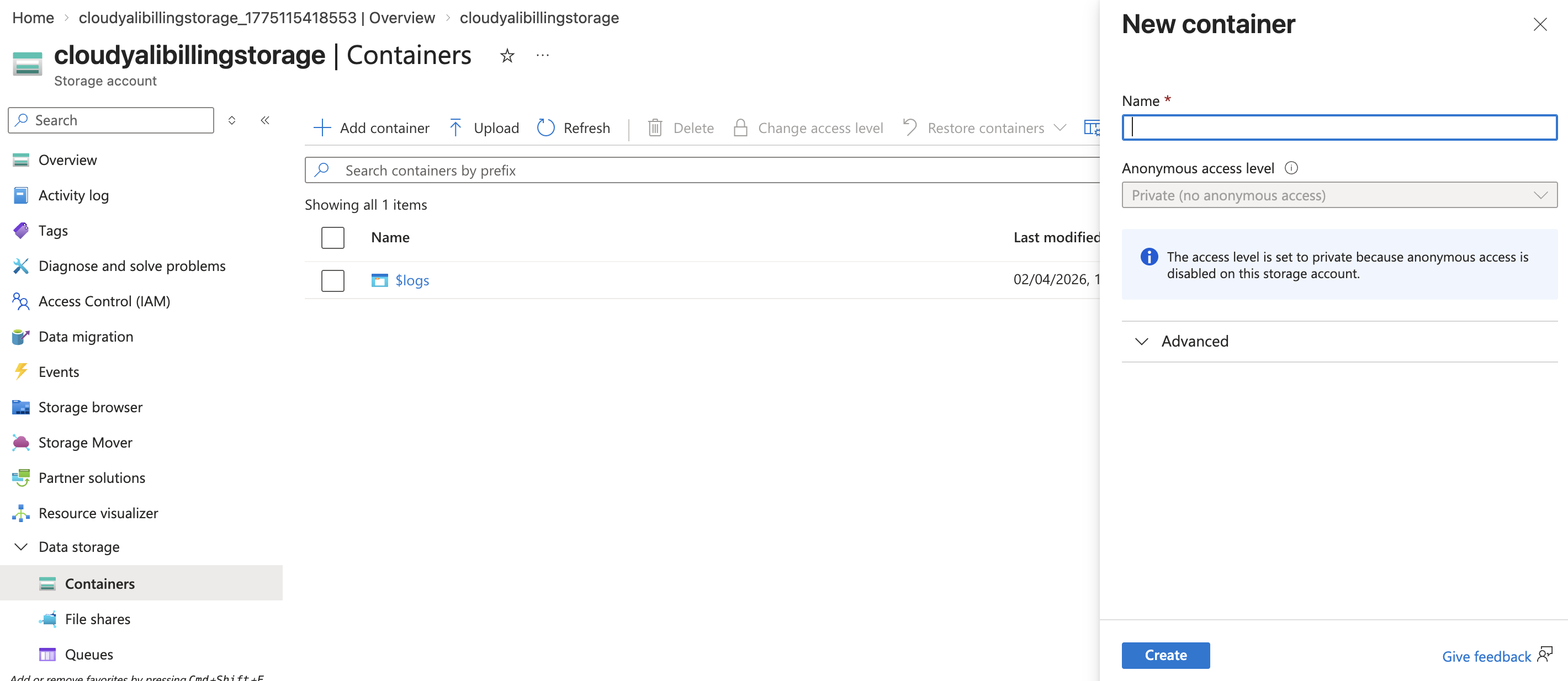 Storage account Containers page — New container dialog with Private access level