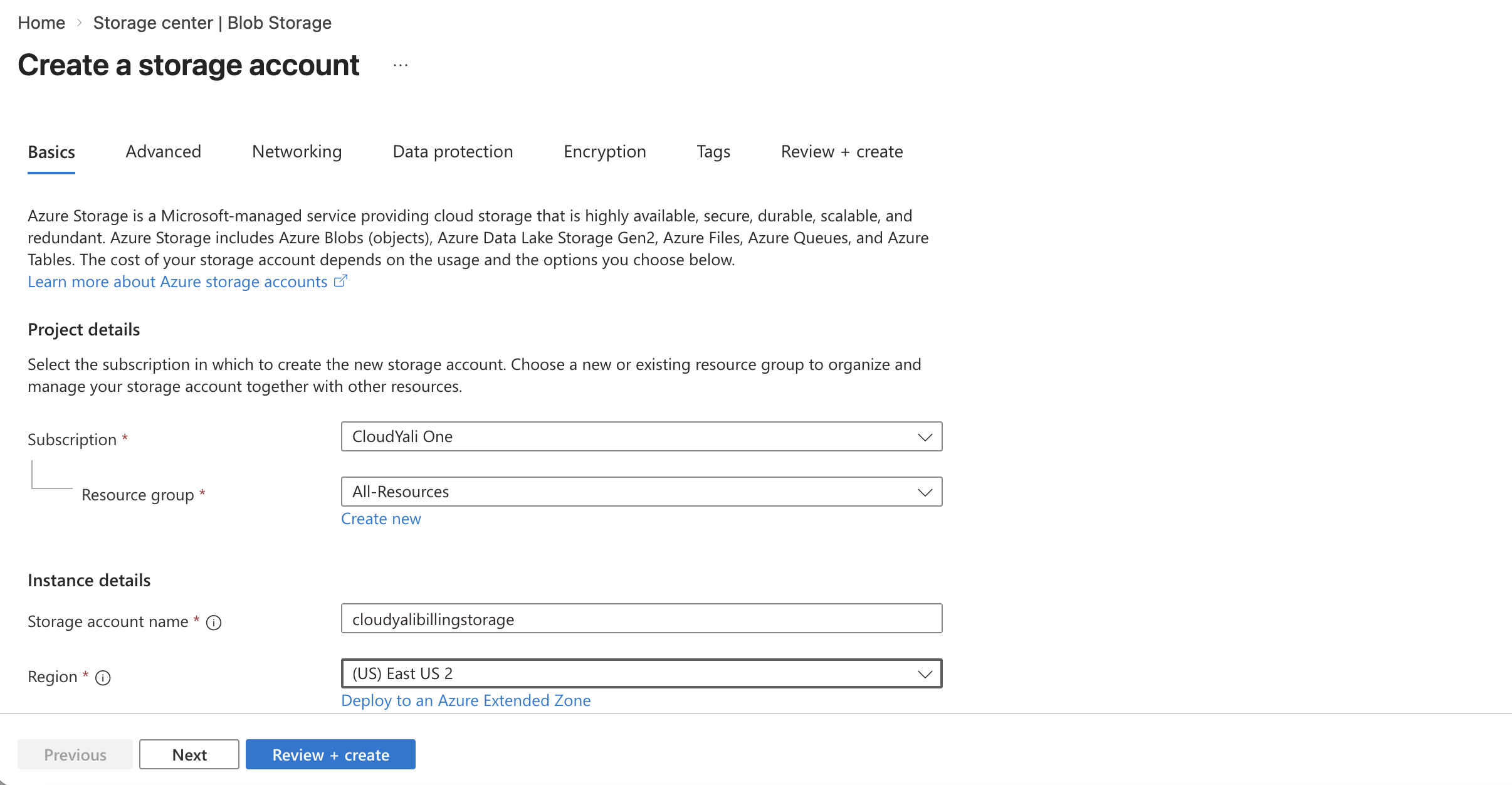 Create a storage account — Basics tab showing subscription, resource group, storage account name, and region fields