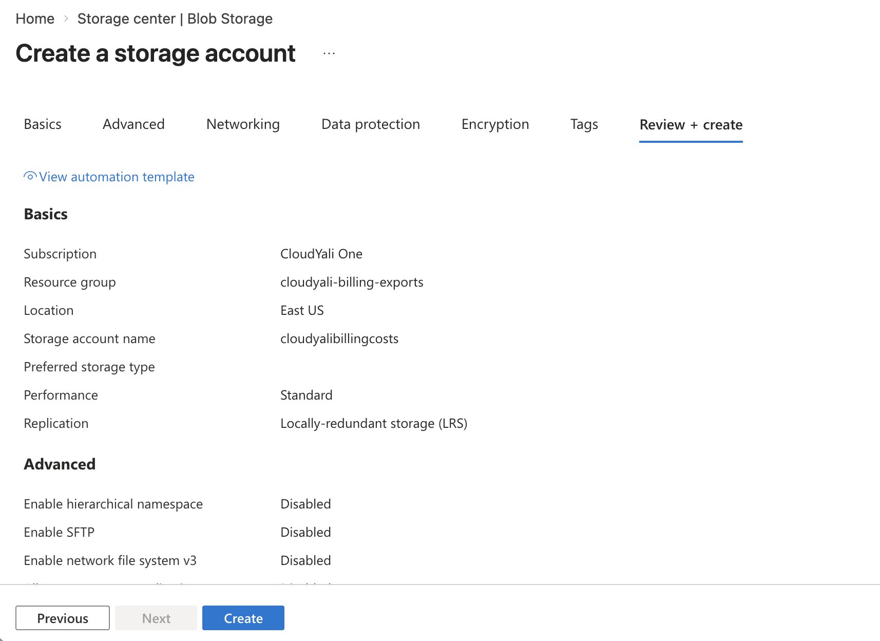 Create a storage account — Review + create tab showing configuration summary with LRS redundancy