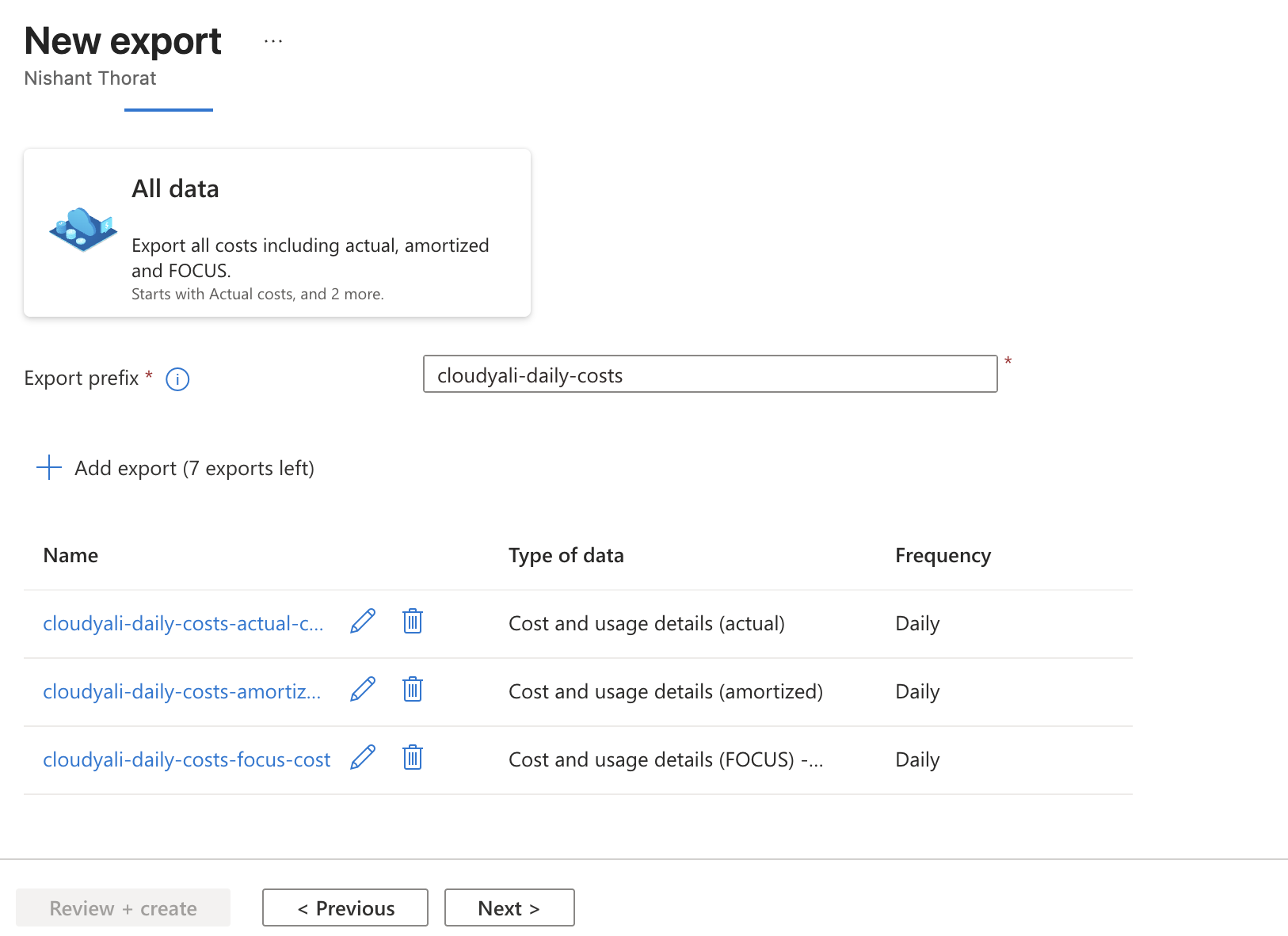 New export — Export prefix and generated export names for actual, amortized, and FOCUS datasets