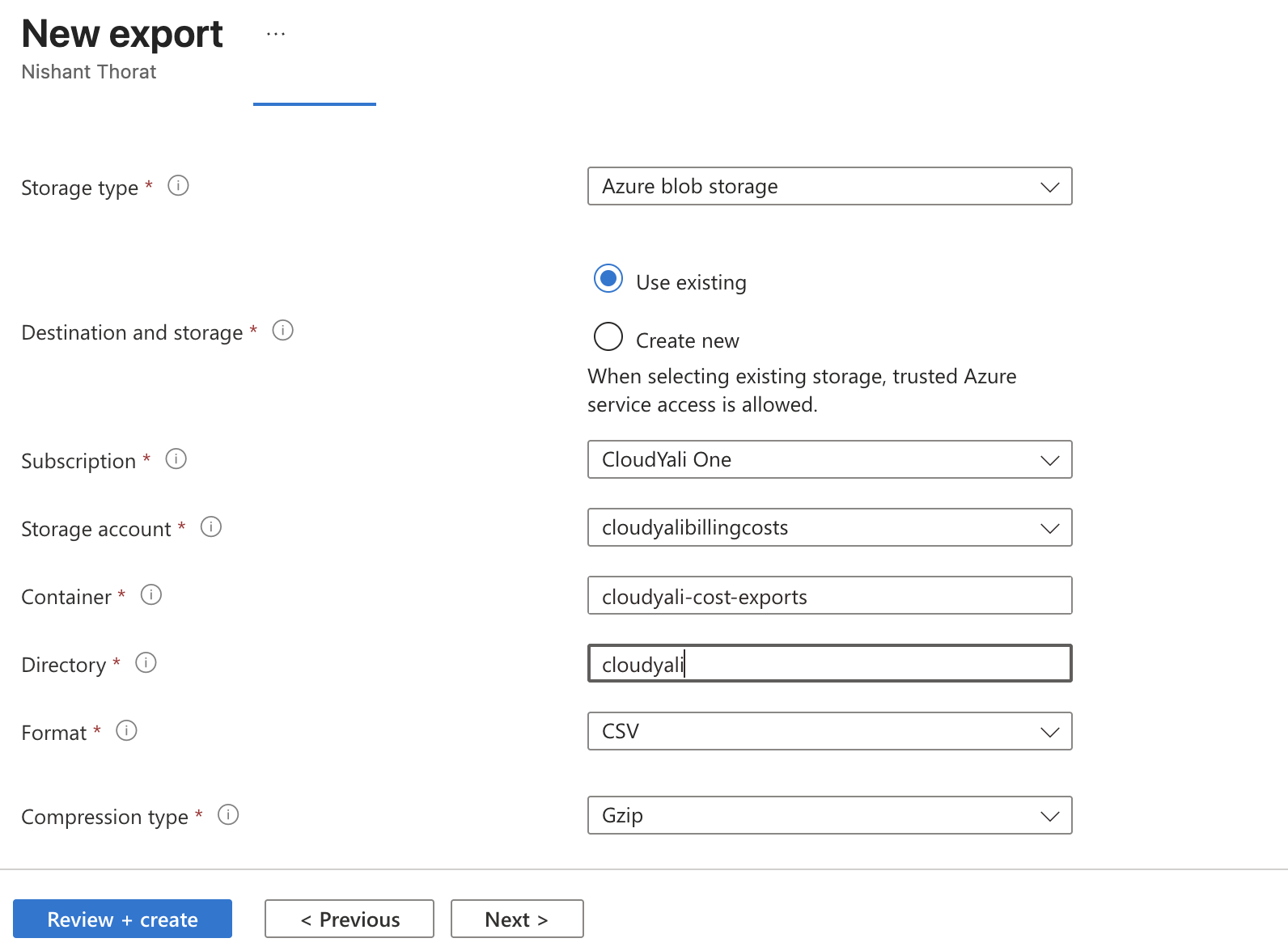 New export — Storage destination configuration showing storage account, container, directory, format, and compression