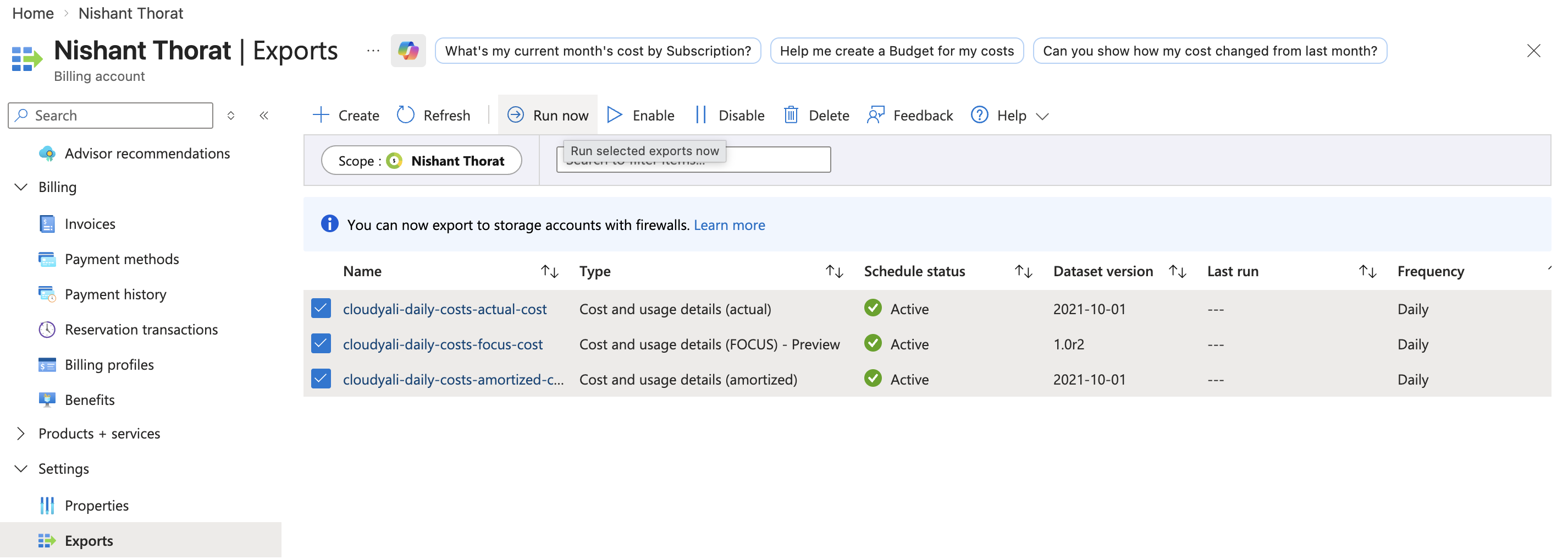 New export — Select export template. Choose "All data" to include actual, amortized, and FOCUS cost datasets
