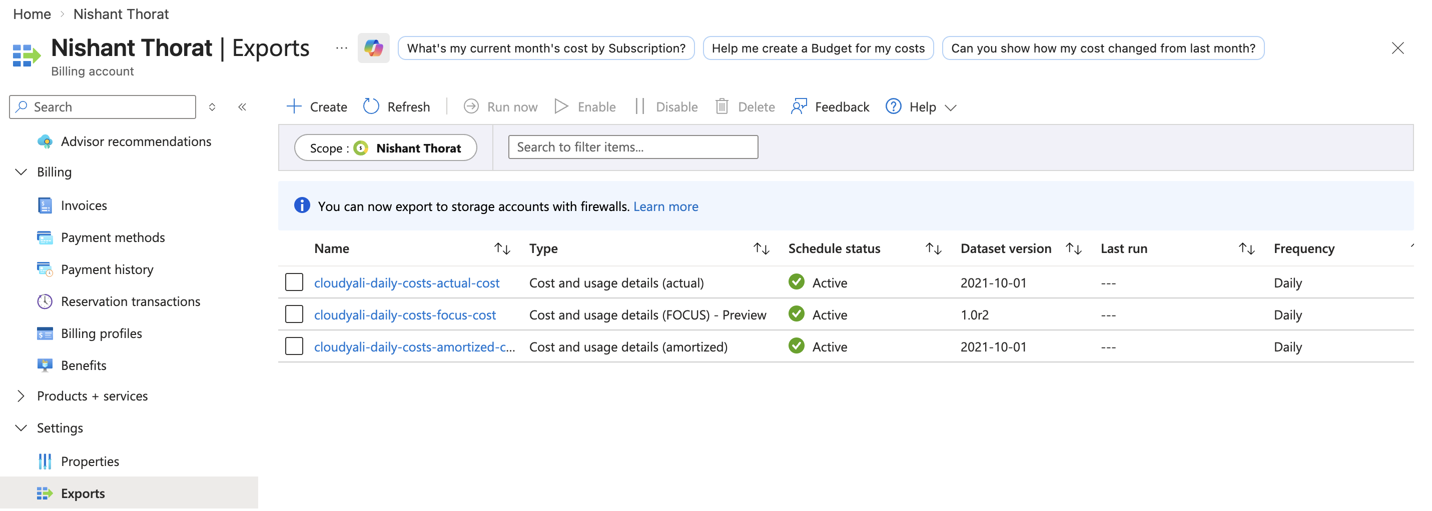 Cost Management Exports list showing configured daily exports with Active status