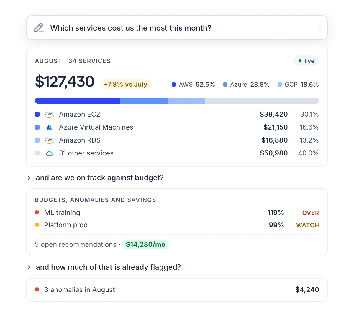 Asking which services cost the most, and the spend answer coming back by cloud