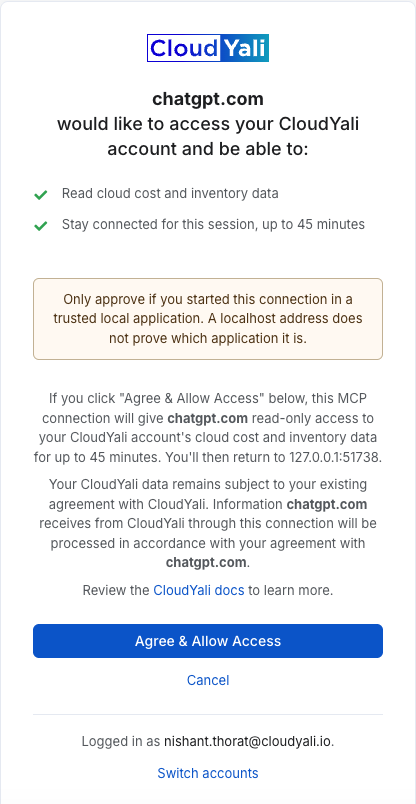 CloudYali approval screen for a ChatGPT connection