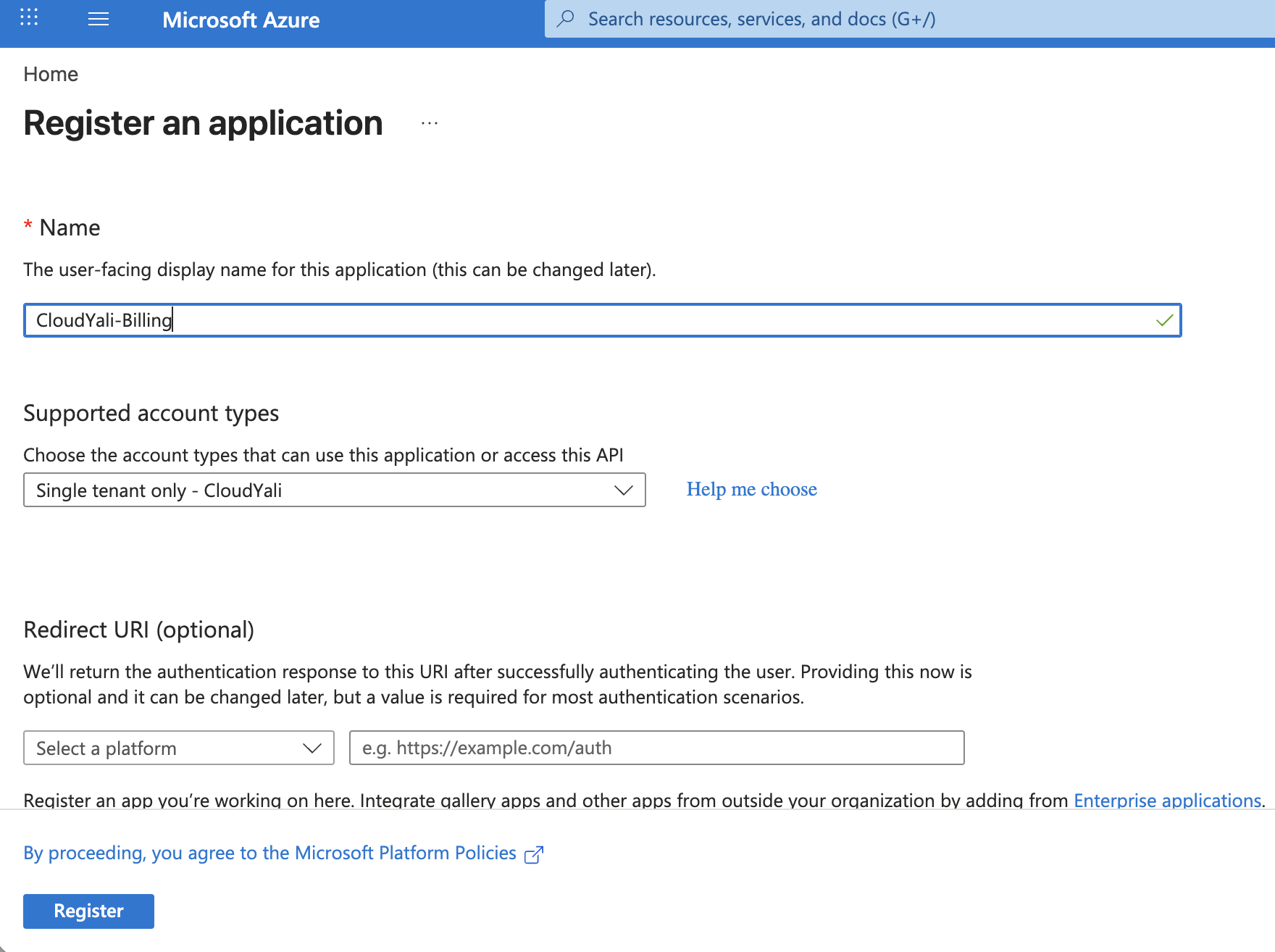 Azure portal — Register an application form with CloudYali-Billing name and single tenant selected
