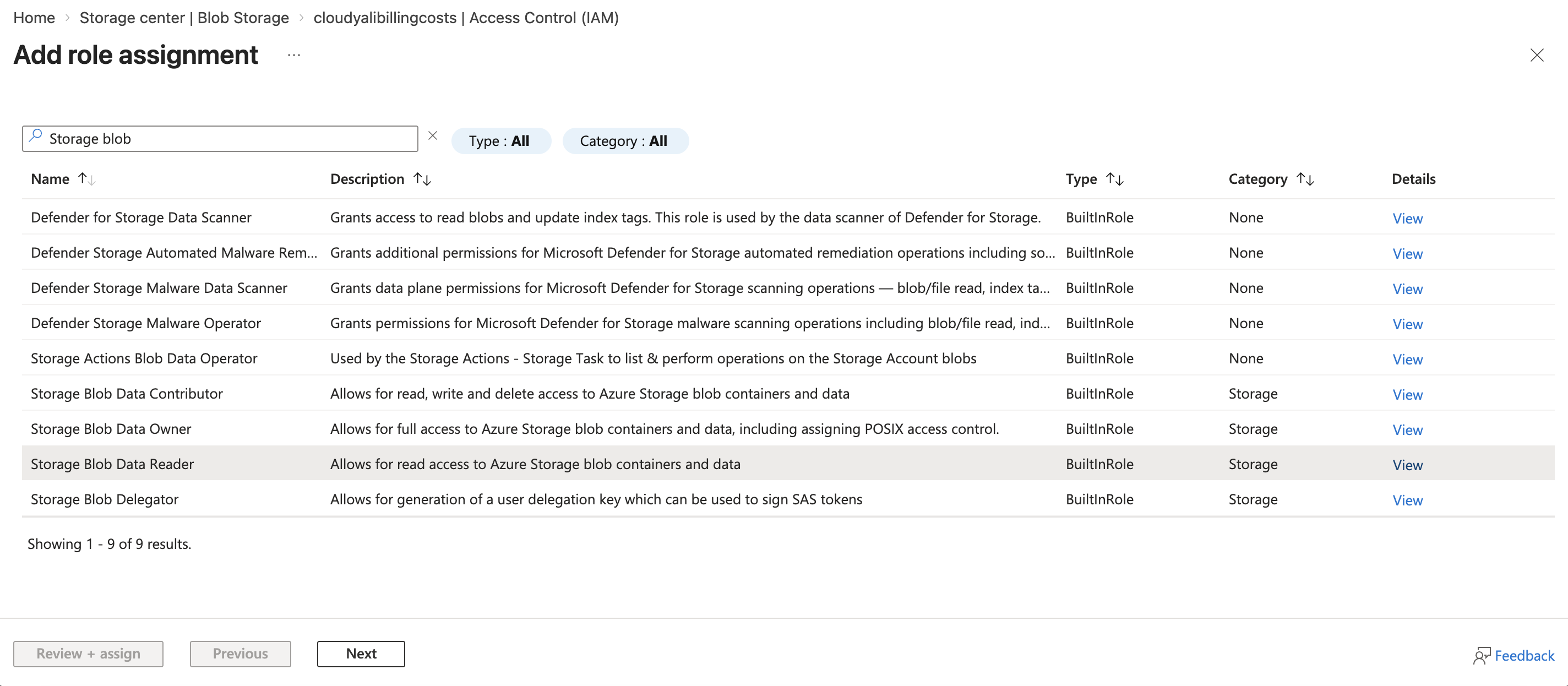 Role selection showing Storage Blob Data Reader — allows read access to Azure Storage blob containers and data