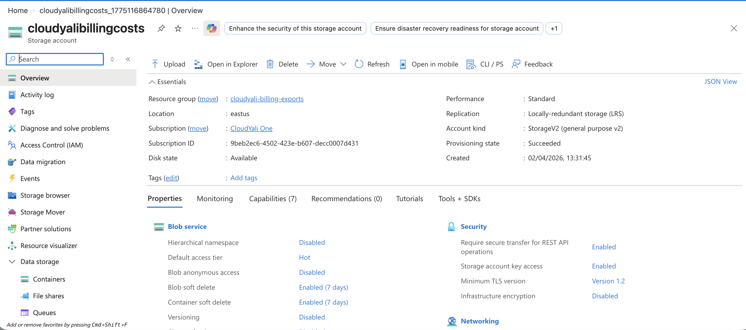 Storage account Overview page showing resource group, location, subscription, and properties